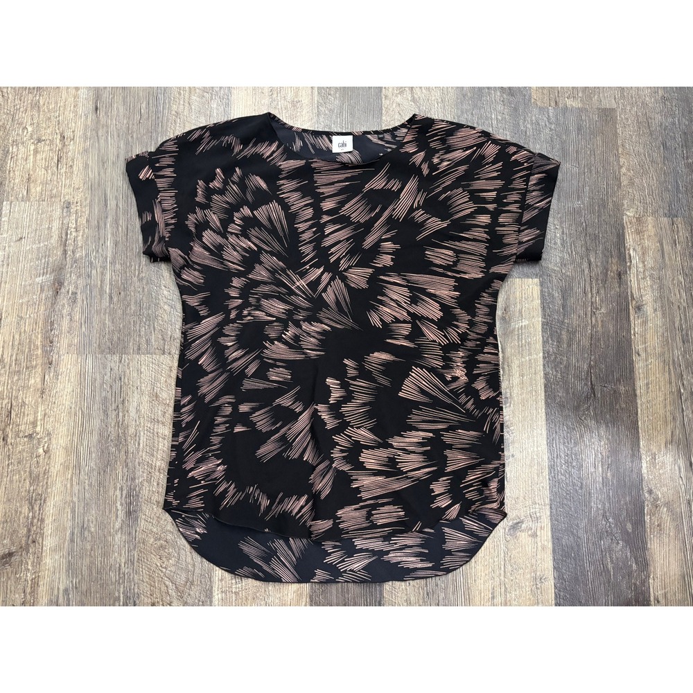 Cabi 3433 Black Blush Pink Abstract Sunburst‎ Print Short Sleeve Blouse XS Mens